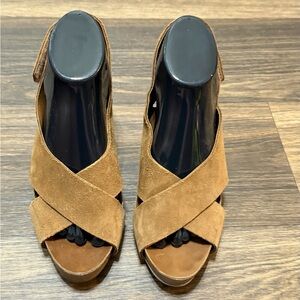 Pedro Garcia Tan Suede Crisscross Peep-Toe Wedge Sandals